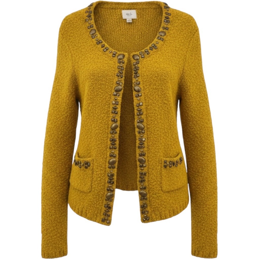 ECI New York Yellow Mustard Boucle Blazer Jacket Studded Women's XL Vintage Y2K